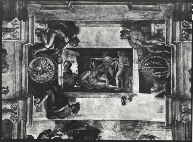 Anonimo — Buonarroti Michelangelo - sec. XVI - Ebbrezza di Noè Ignudi; Medaglioni: Bidkar getta il cadavere di Ioram dal carro; Ioab uccide Abner — insieme